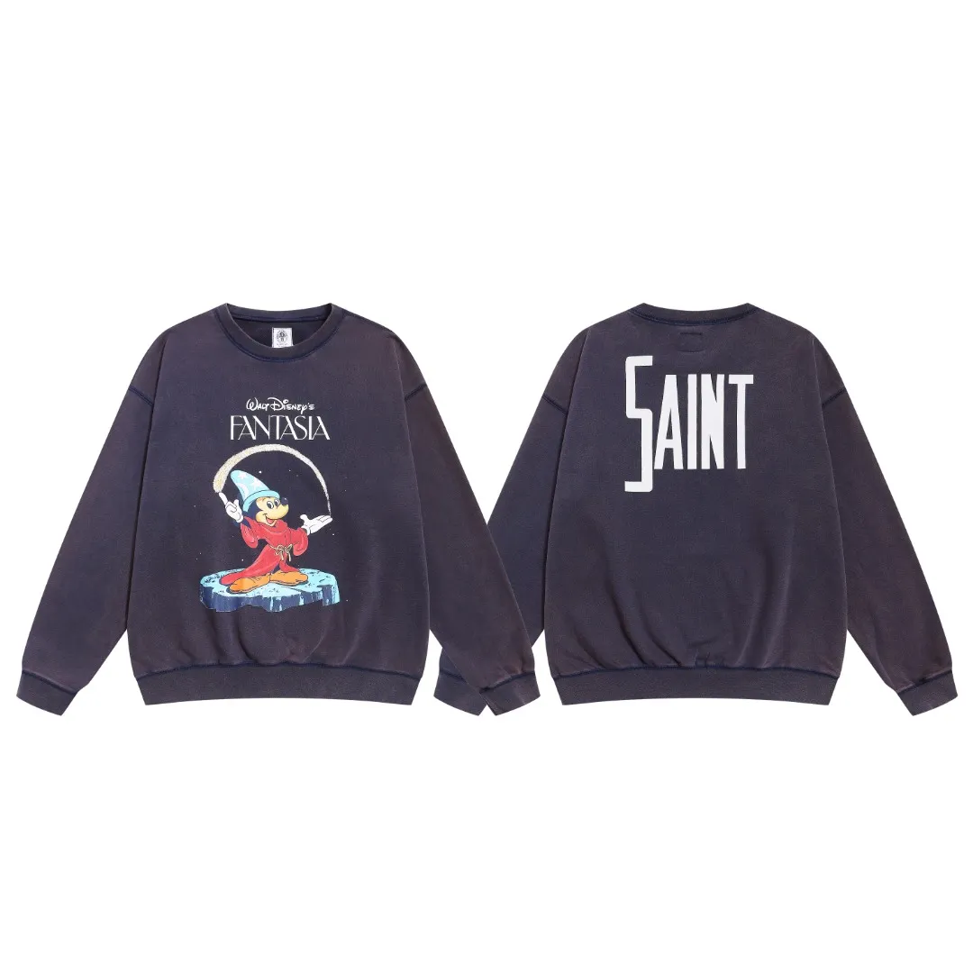 Saint Michael "FANTASIA" Mickey printed retro distressed washed-out thin round-neck long-sleeved sweatshirt Fabric: 390g Style number: SM621 Size: S-M-L-XL Color: washed blue Price: P198